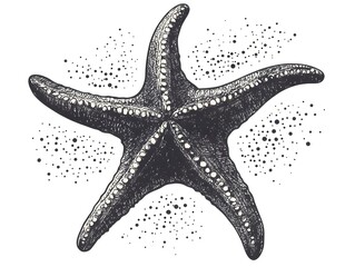 A detailed monochrome illustration depicts a starfish with intricate texture and speckled background design ideal for nautical themes.
