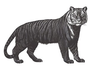 Naklejka premium A majestic black and white illustration depicts a powerful tiger standing proudly in profile view against a plain white background.