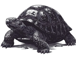 Fototapeta premium A detailed black and white woodcut illustration of a Galapagos tortoise walking slowly on a white background.