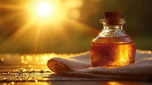Golden elixir bottle at sunset