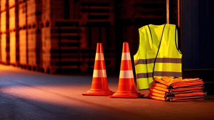 Safety equipment including cones and vests arranged neatly in a warehouse setting at dusk