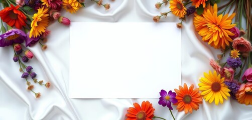 Blank white card on satin, adorned with dried flowers, flat lay ,  background,  satin