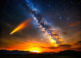 Fototapeta premium Silhouette Comet Night Sky: Fiery Glow Illuminates Clouds - Astronomy Stock Photo