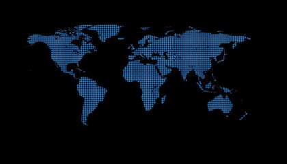 Blue world map, black halftone dots, circled, vector, flat design, isolated,  pattern,  elegant