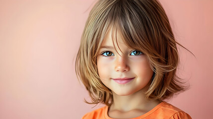 Naklejka premium Young girl with bright eyes and a sweet smile, against a soft peach background
