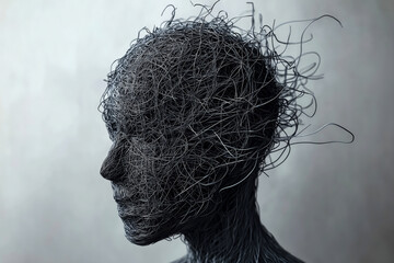 Conceptual image of a head filled with chaotic scribbles, representing stress and mental overload causing headaches.