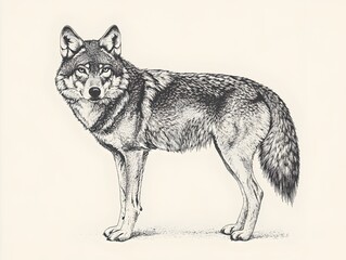 A majestic grey wolf stands alert in profile view, showcasing detailed fur texture and intense gaze in a black and white illustration.