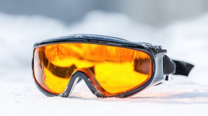 Close-up of orange-tinted ski goggles resting on a snowy surface with blurred mountains in the background