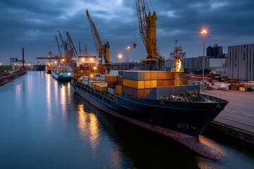 Fototapeta premium Cargo Ship Docks at Dusk, Containers Await Transport Amidst Cranes and Harbor Lights Glow in the Night