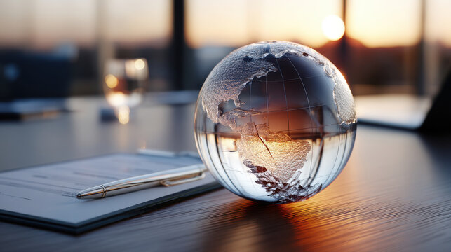 Close up view of shattered globe on desk, reflecting warm light, symbolizing global connections and challenges
