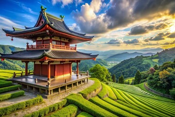 Fototapeta premium Anime Style Rice Terraces Temple Illustration with Cinematic Depth and Curved Eaves