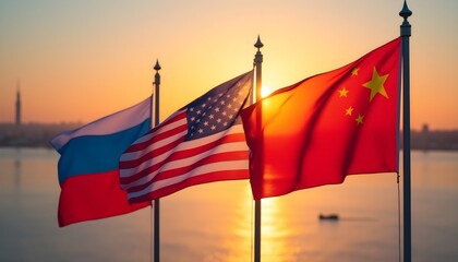 A vibrant composition with the flags of the USA, Russia and China fluttering in the bright sunlight, with each flag partially overlapping the other, against the backdrop of the setting sun