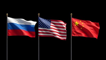 Illuminated flags of Russia, China and the USA, hung in a row on tall flagpoles against a completely black background