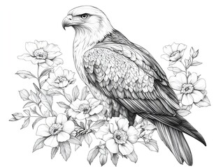 Fototapeta premium A majestic eagle perched amidst delicate dog roses in a detailed pencil sketch illustration perfect for nature lovers and wildlife enthusiasts.