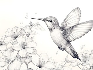 Fototapeta premium A detailed pencil sketch depicts a hummingbird in flight gracefully approaching delicate blossoms of flowers.