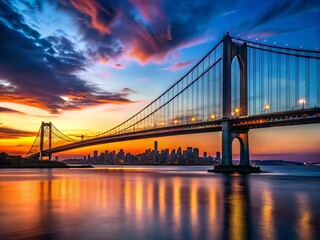 Silhouette of Verrazano Bridge Against NYC Skyline at Sunset