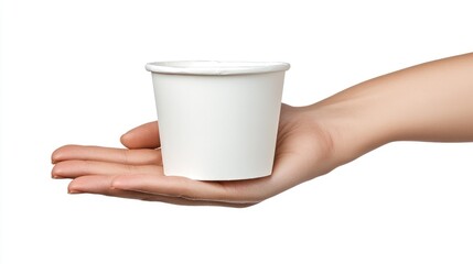 A human hand holding a plain white paper cup, isolated on white background,