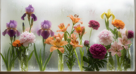Obraz premium Vibrant Iris and Peony Flowers: Stunning Floral Photography