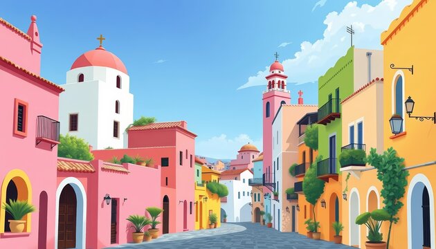 Fototapeta Pastel-colored vector illustration of charming Moroccan, Mexican, Greek, and Italian villages with narrow streets and old town architecture, traditional, holiday