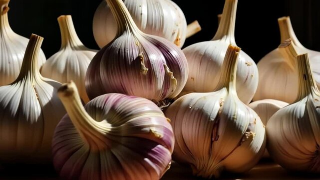 Fresh garlic bulbs stacked on a dark background  