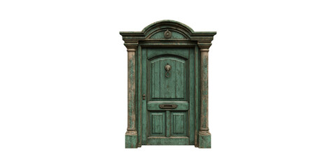 Antique Green Wooden Door With Ornate Columns. Vintage Architecture And Design Element Isolated On Transparent Background