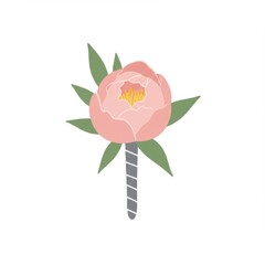 Delicate Pink Peony Bloom with Green Leaves and Gray Stem on White Background