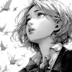 Fototapeta premium Young woman with flowing hair looking up amid swirling butterflies