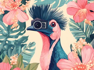 A vibrant cassowary bird wea a small camera amidst lush tropical flowers and foliage creates a whical and colorful illustration.