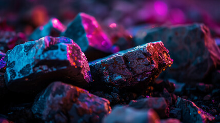 Fototapeta premium Macro Shot of Raw Cobalt Ore Chunks with Metallic Textures, Dark Industrial Background, Shallow Depth of Field, Natural Mineral Specimen, Mining Resource, High Detail Close-Up