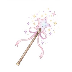 Pastel Watercolor Magic Wand with Pink Ribbon and Star