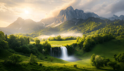 Sunset Waterfall with Mountain Landscape.