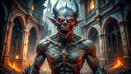 Spooky Devil Zombie Architectural Ruin Stock Photo - Horror, Halloween, Undead