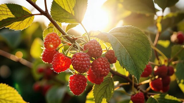 Ripe raspberries glowing in sunshine on a green branch  