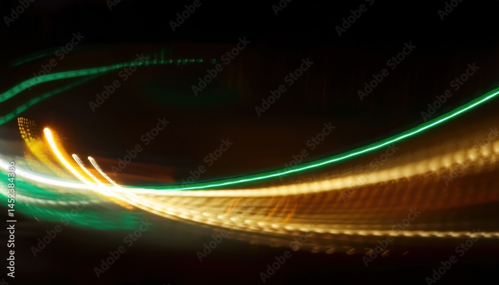 Aufkleber dynamic abstract light trails with green and golden curves on black background for digital art, branding visuals, web design, or modern print media


