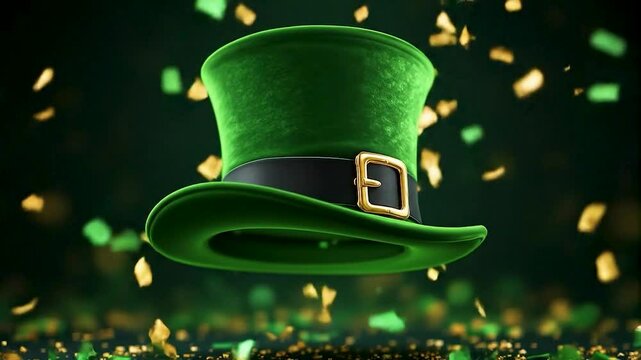 A vibrant green felt top hat, adorned with a black band and gold buckle, suspended mid-air against a rich, dark background. Warm, dramatic lighting highlights its texture, while sparkles of gold confe