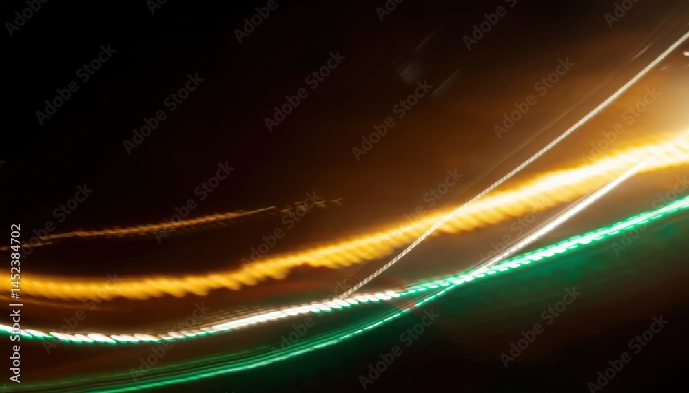 Aufkleber dynamic abstract light trails with green and golden curves on black background for digital art, bran