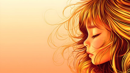 A girl with vibrant, flowing auburn hair, profile view, soft light.  Detailed illustration of child's face and hair