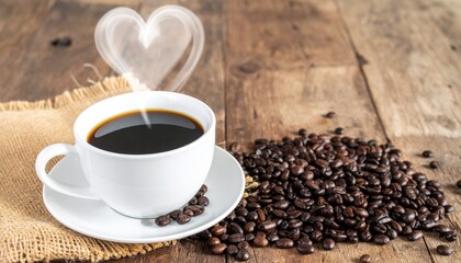 Taza de caf&eacute; con humo en forma de coraz&oacute;n y granos de caf&eacute; sobre un saco de arpillera sobre un fondo de madera vieja
