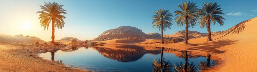 Vast desert landscape under a clear blue sky with dunes and sparse vegetation present