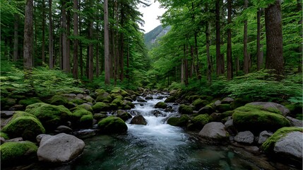 Fototapeta premium Serene Mountain Stream with Mossy Rocks, and Lush Forest.