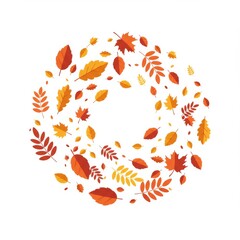 Autumnal Wreath of Colorful Leaves Isolated on White Background Seasonal Decor