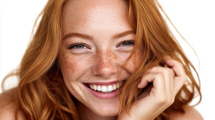 Fototapeta premium A cheerful ginger girl with gorgeous freckles smiles widely, exuding happiness. Her vibrant hair frames her face beautifully, creating an inviting and joyful atmosphere