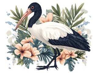 Fototapeta premium A detailed illustration depicts a majestic wood ibis standing amidst lush tropical foliage and delicate peach blossoms.