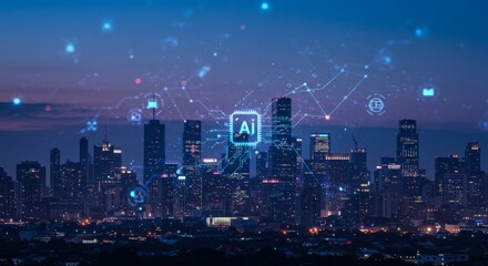 Artificial intelligence overlay on cityscape.