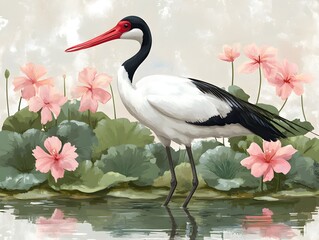 Naklejka premium A majestic white and black crane with a long red beak stands gracefully amidst pink hibiscus flowers and lush green foliage near tranquil water.