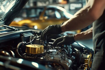 Obraz premium Repairing an Engine, Technician Servicing Mechanical Component and Parts, Auto Workshop and Machinery, Cars and Motor