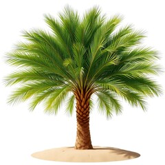 Fototapeta premium Lush Tropical Palm Tree on Sand – Isolated Green Palm with Vibrant Leaves on White Background