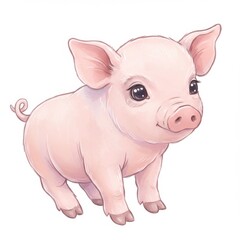 Fototapeta premium Adorable Piglet with Pink Skin on White Background in Cartoon Illustration