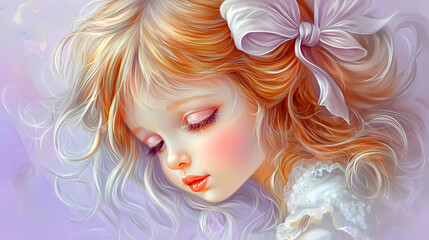 A young girl with golden hair and a large white bow,  softly resting