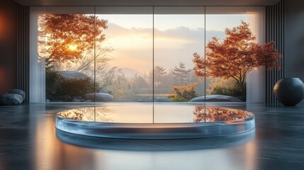 Fototapeta premium Serene Minimalist Interior Design Glass Platform Reflecting Autumnal Landscape